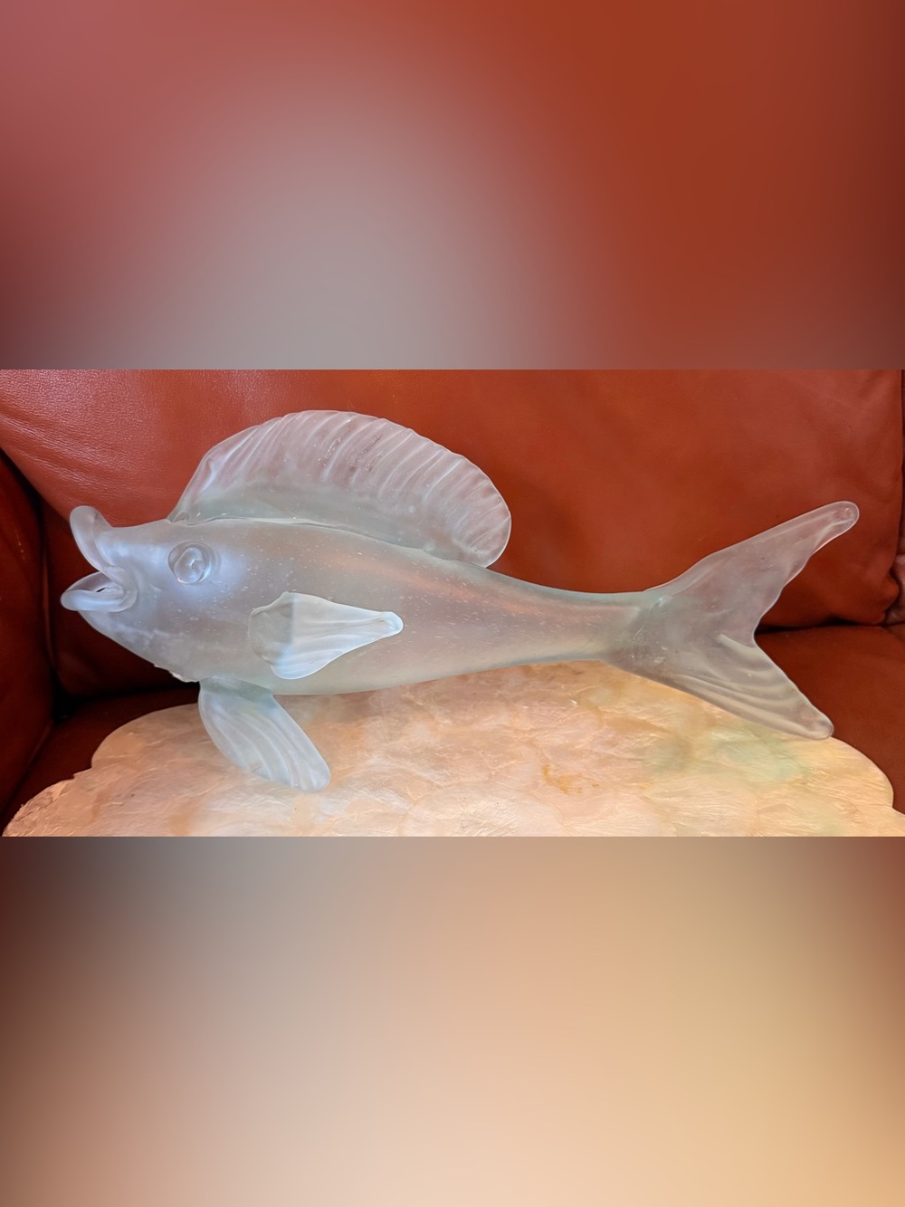 Vintage Hand Blown Frosted Glass Fish Sculpture - wonderful weathered Patina